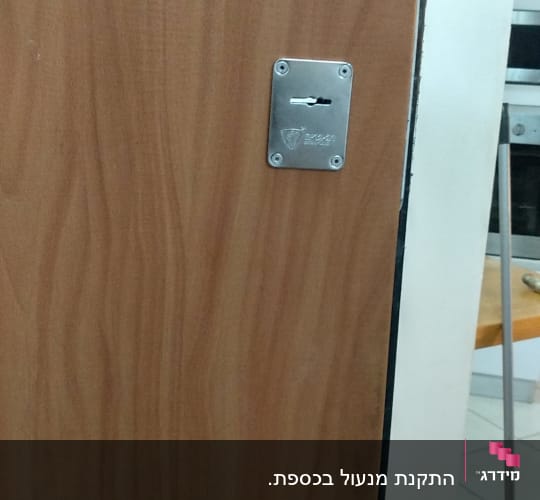 דלת עץ עם מנעול ומגן מתכת